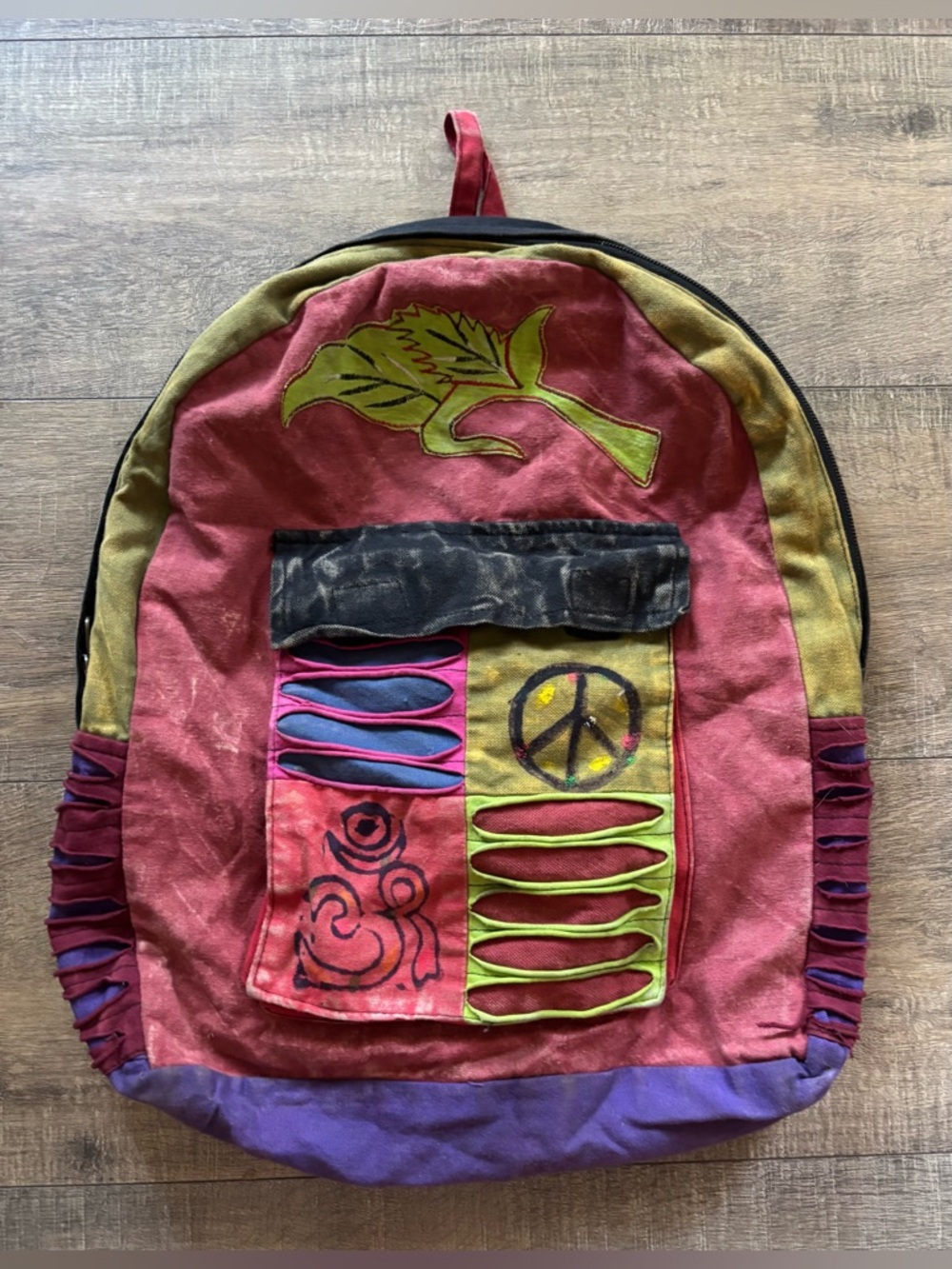 Nepalese bohemian hippie patchwork pocket size S/M backpack purse peace sign